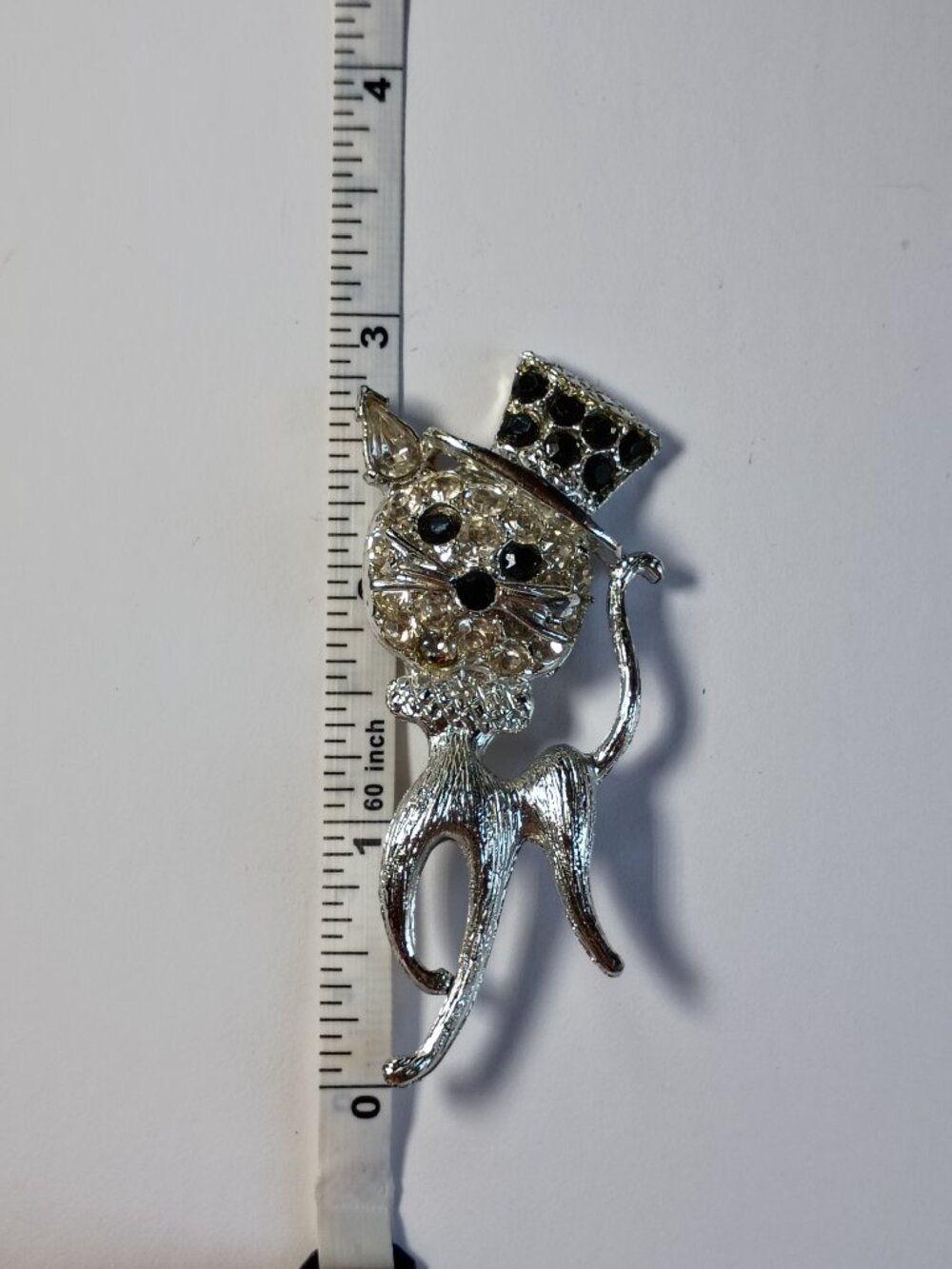 Vintage Rhinestone Cat Brooch Top Hat Dapper Cat Pavé Black Clear Figural Pin